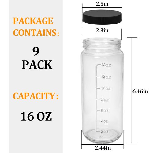 Encheng 16 oz Glass Juice Bottles with Lids,9 Pack Reusable Juicing Bottles Drinking Jars with Lids and Straws,Clear Round Smoothies Cup for Juicing,Kombucha,Water,Milk,Travel