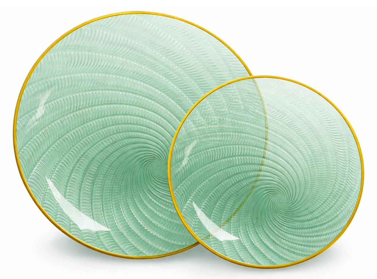 Lillian Tablesettings 32-Piece Tinted Green Plastic Plates Set, 16×10" Dinner & 16×7" Salad Plates, Heavyweight Disposable Plates with Gold Rim, Elegant Swirl Design Dinnerware
