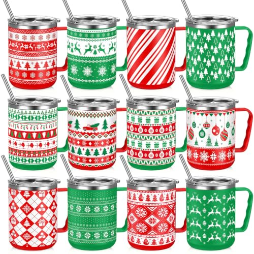 Umigy 12-Pack Christmas Coffee Mugs with Lids, Stainless Steel 17oz Travel Cup Set