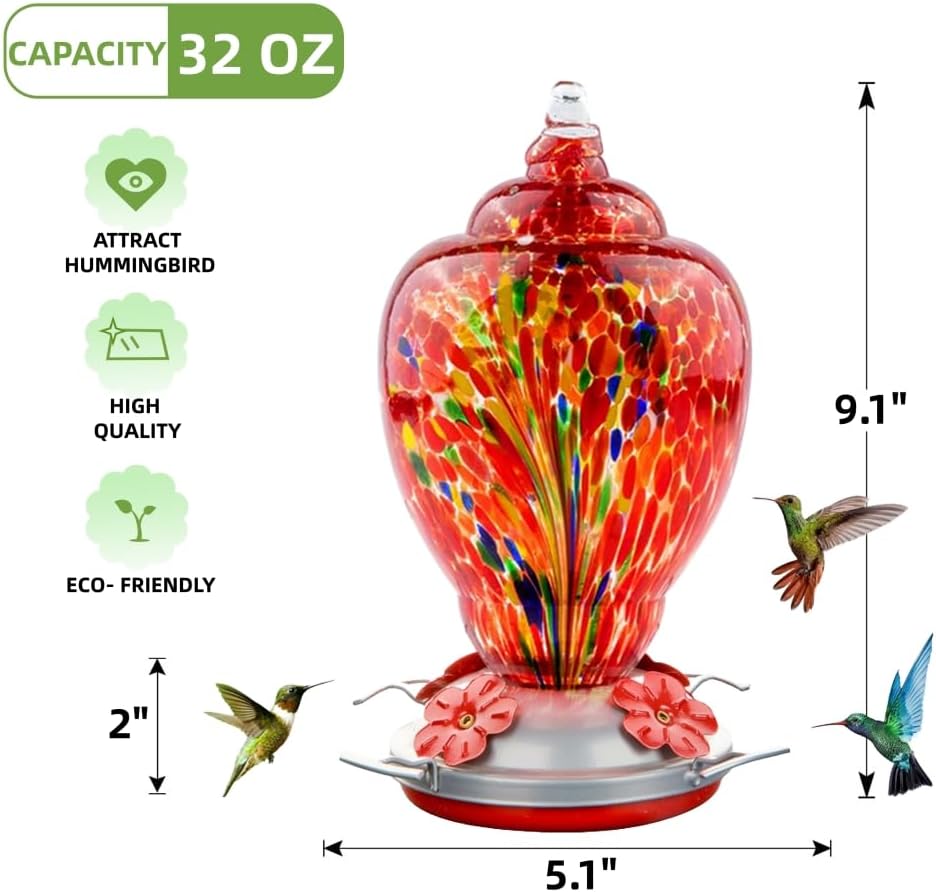 WOSIBO Hummingbird Feeder - Large 32 Ounce Colorful Hand Blown Glass with Ant Moat & Accessories | Red Firework