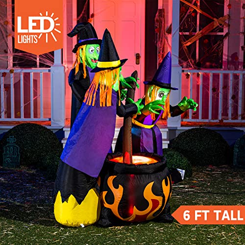 6 FT Tall Halloween Inflatable Witch & Cauldron with LED Lights Outdoor Decor