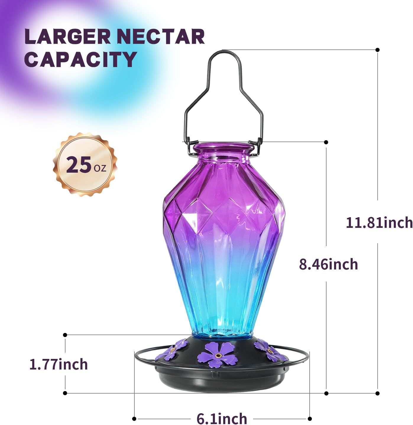 Skiennix Glass Hummingbird Feeder - 25Oz Leak-Proof Nectar Feeder with 5 Flower Ports | Diamond Purple