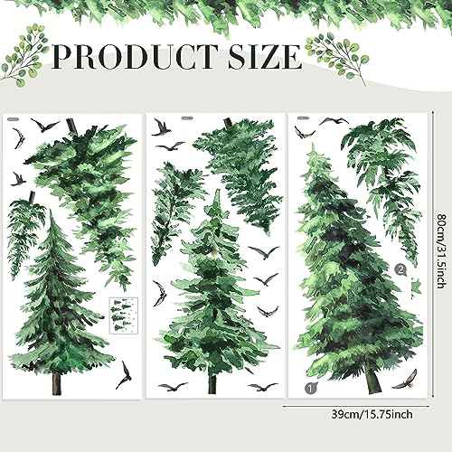 Qilery Watercolor Pine Tree Wall Decals Large Peel and Stick Forest Wall Decal Woodland Branch Birds Sticker Christmas Tree Stickers for Nursery Bedroom Living Room(Classic Style)