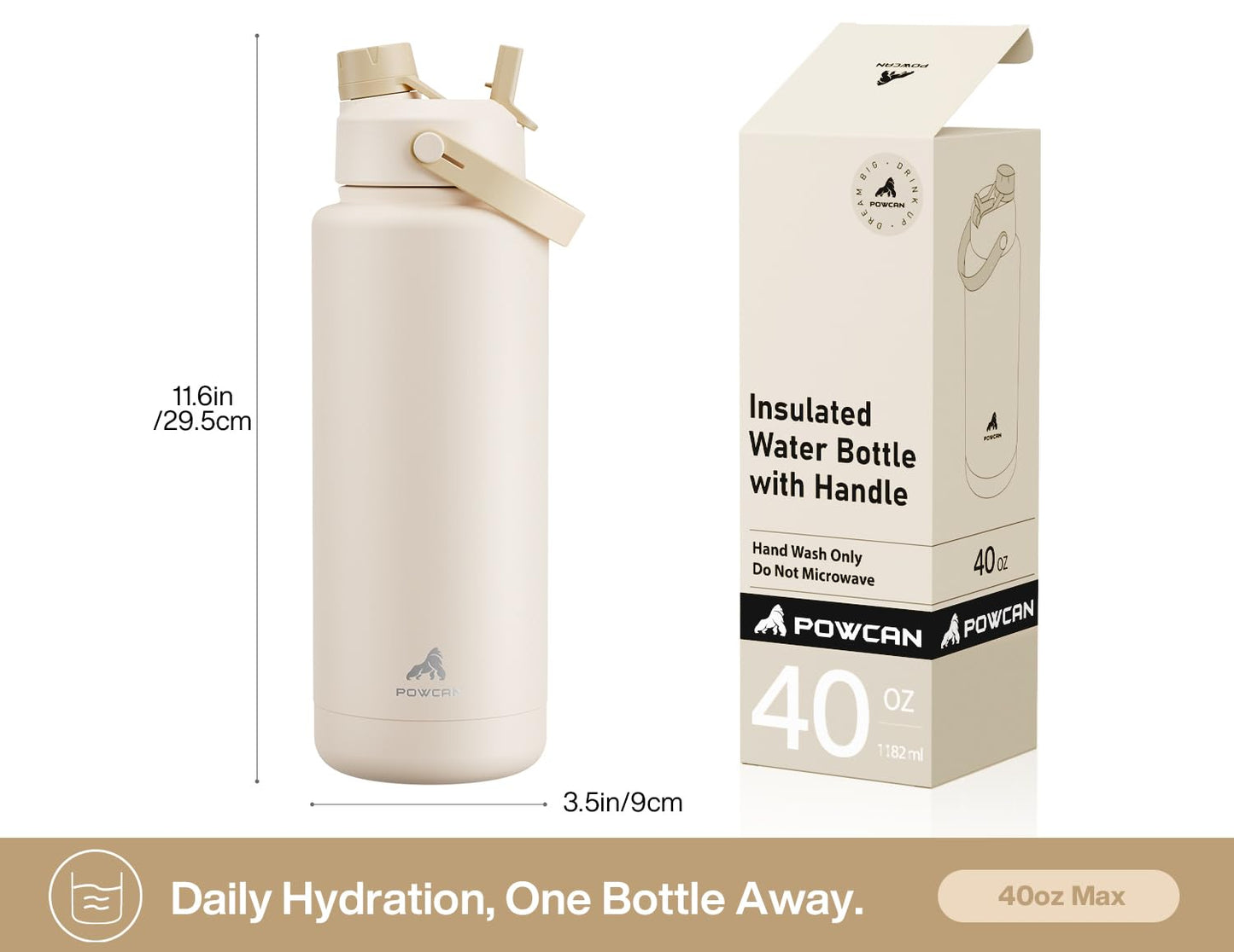 POWCAN 40 oz Insulated Water Bottle with 2-in-1 Straw and Spout Lid, Keep Cold 24H, Leak-Proof, BPA-Free, Double Wall Stainless Steel Water Bottle for Sports, Gym, Travel, and School (Mousse)