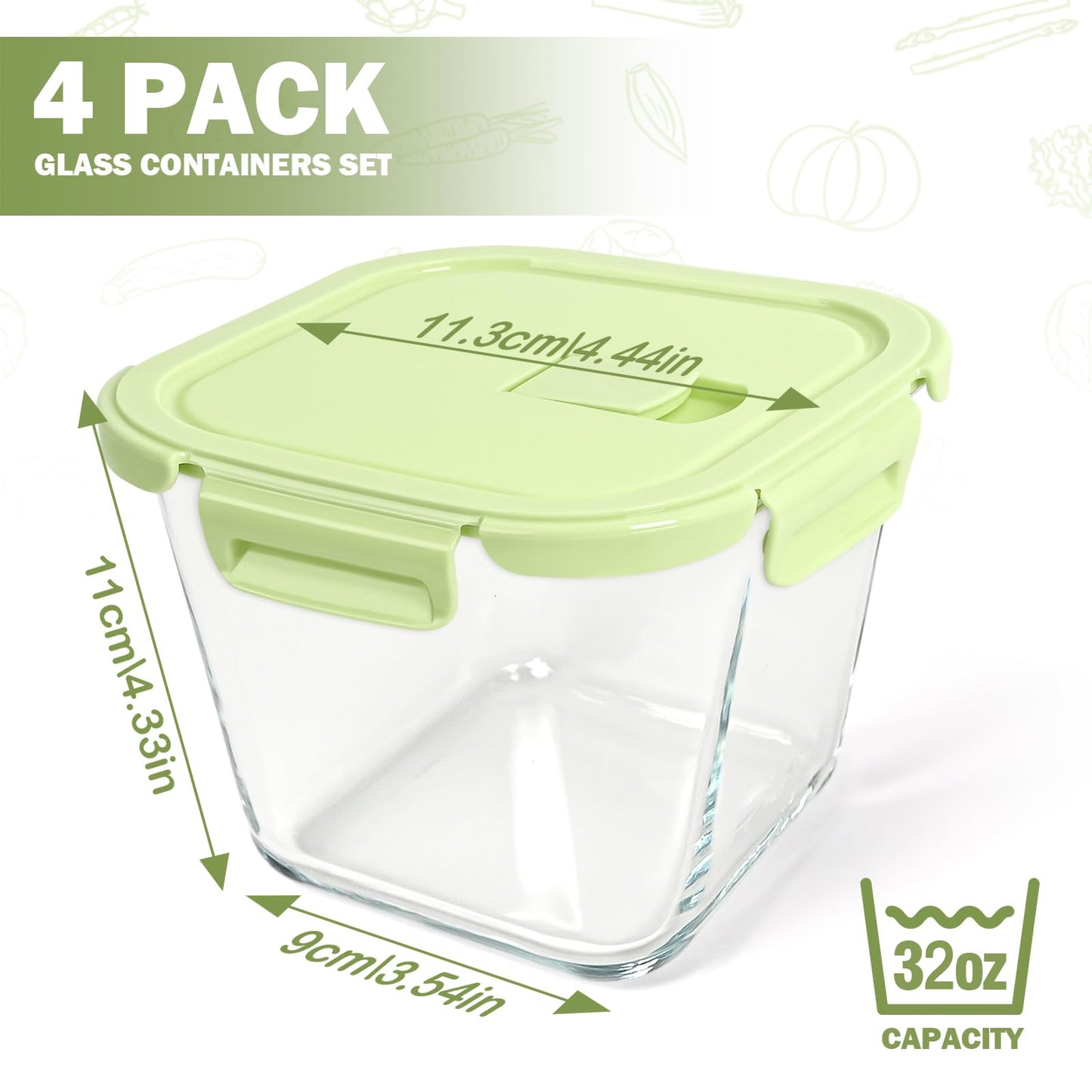 Susukkie Glass Soup Containers with Lids 32oz - Borosilicate Glass Storage Containers 4 Cup, Freezer to Microwave Safe, Airtight Leak Proof, Square Meal Prep Containers for Lunch Travel- 4 Pack