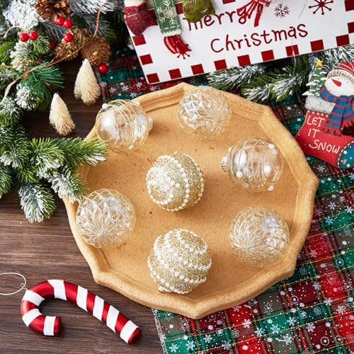 ChrisWish Gold 70mm 12ct Shatterproof Christmas Ball Ornaments - Clear Plastic Glitter Decor