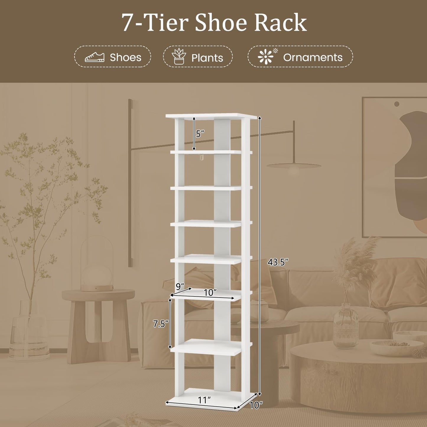 HOMGX 7-Tier Vertical Shoe Rack, Tall Narrow Shoe Storage with Removable Shelves, Space Saving Shoe Tower Organizer, Free Standing Corner Shoe Rack for Entryway, Bedroom, Living Room (White)