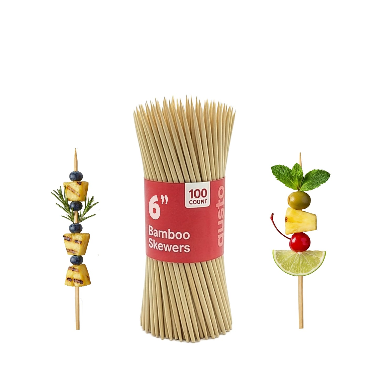 GUSTO [6 Inch - 100 Count] Bamboo Skewers for Shish Kabob, Grilling, Fruits, Appetizers, and Cocktails (Formerly Comfy Package)