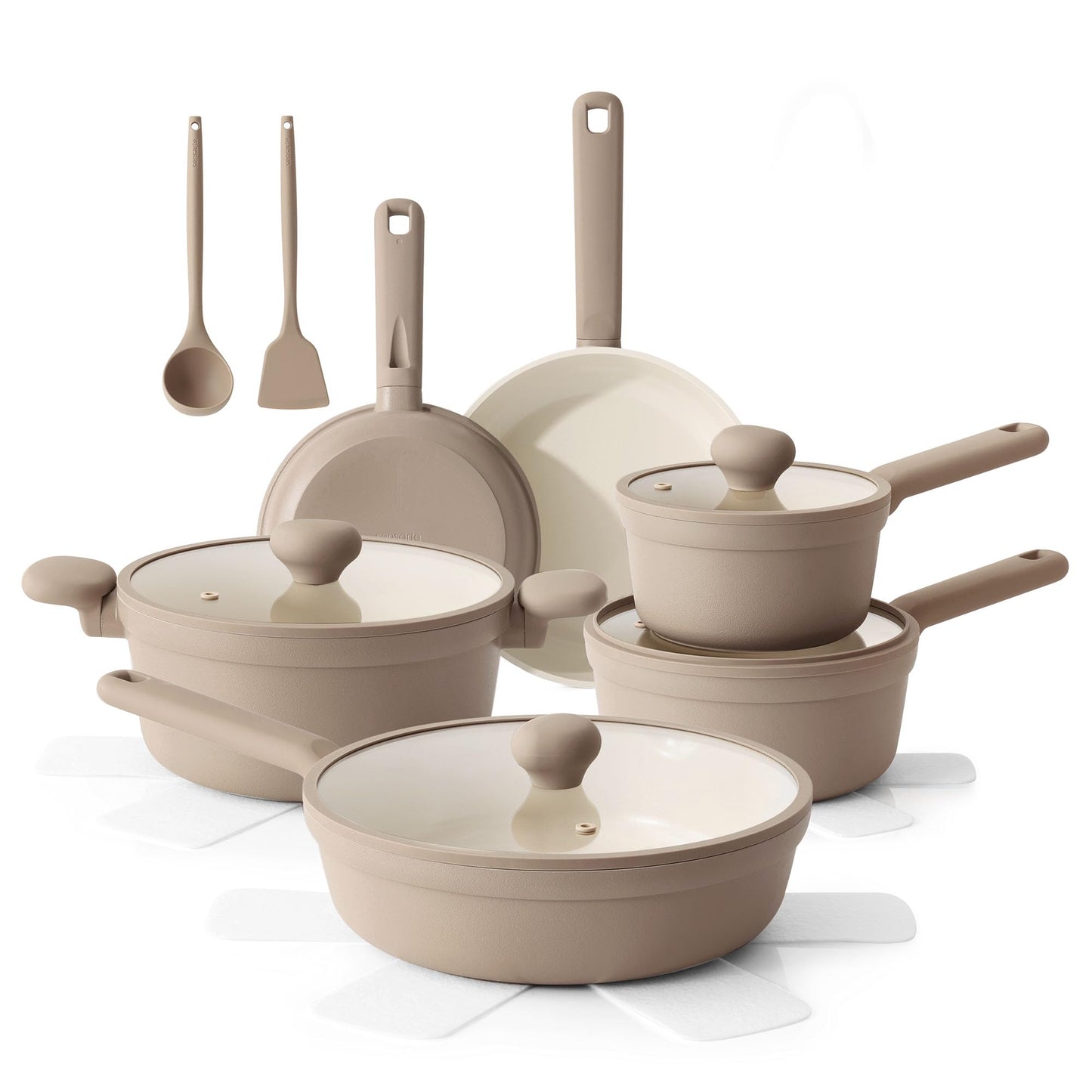 SENSARTE Ceramic Nonstick Pots and Pans Set 17pcs, Healthy Induction Cookware Set, Nontoxic Kitchen Cooking Set with Skillets & Saucepans, Stay-cool Handles, PFAS PTFE PFOA PFOS Free,Taupe