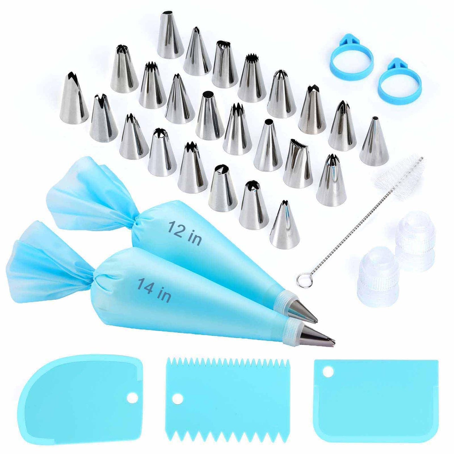 Piping Bags and Tips Set, Reusable Cake Decorating Kit with 24 Stainless Steel Icing Tips,2 Reusable Silicone Piping Bags,2 Couplers,3 Scrapers, Bag Ties & Brush for Baking, Cookie Icing and Cupcakes