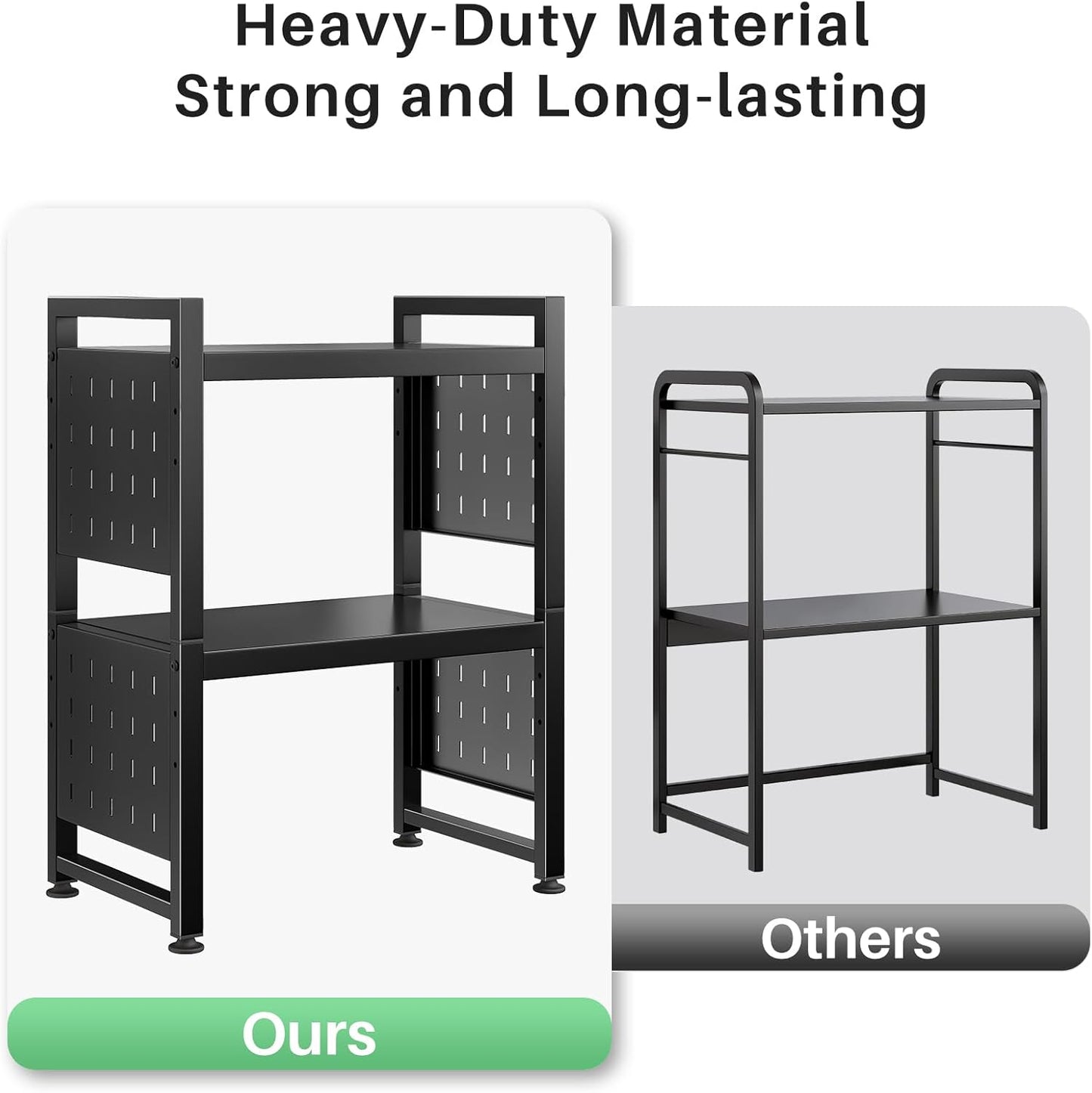 Microwave Stand - 3-Tier Expandable Heavy Duty Adjustable Shelf | Kitchen Organizer with Hooks & Cutting Board Holder, Black
