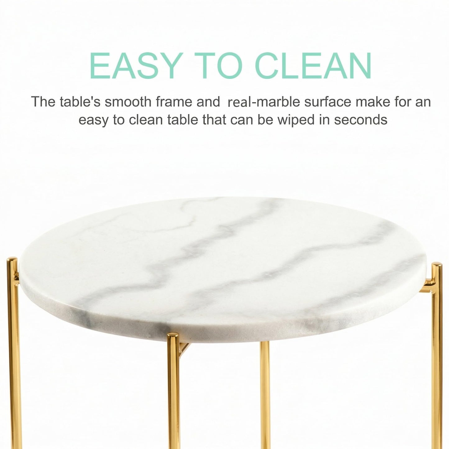 ALPOME Real Marble Side Table, No Assembly Required Round End Table for Living Room, 15" Modern Small Accent Bedside Table with Gold Metal Legs, Waterproof Nightstand for Sofa, Bedroom, White