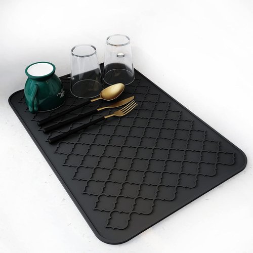 AMOAMI Dish Drying Mat - Heat Resistant Silicone Kitchen Pad | 12" x 16", Black