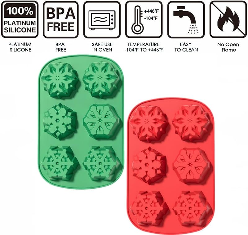 2-Pack Snowflake Silicone Molds for Chocolate, Pudding, Jelly, Muffins - Accfore Green & Red