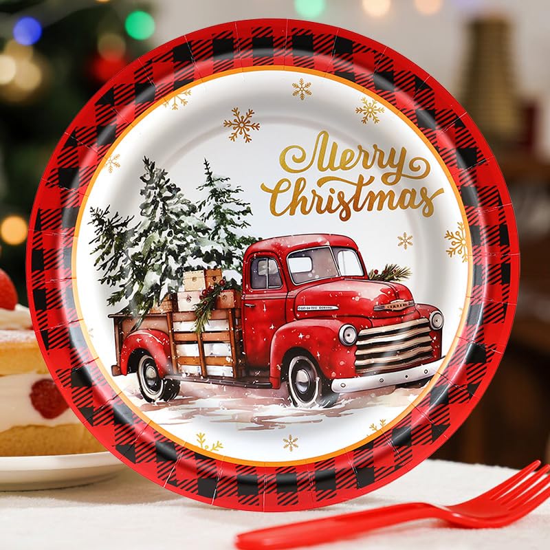 Christmas Paper Plates 24 Pack 9 Inch Rustic Truck & Red Plaid Holiday Dinnerware