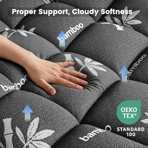 Queen Mattress Topper Black - Thick Viscose Bamboo Pillow Top, Deep Pocket Fit