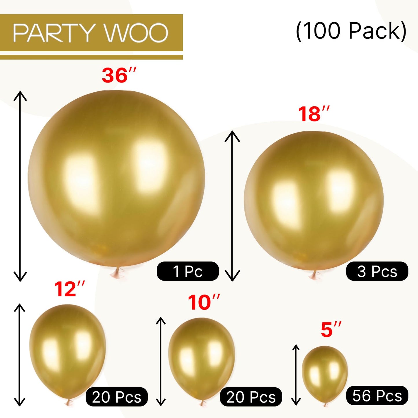 PartyWoo Gold Balloons 100pcs Different Sizes of 36 18 12 10 5 Inch Gold Balloon Arch Kit Garland for Birthday Wedding Anniversary Baby Shower Graduation Retirement Casino Party Decorations Gold-G101