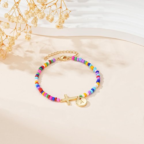 Gnamy Initial Letter A Cross Bracelet for Kids Tween Girls Trendy Stuff Colorful Beaded Bracelets First Communion Confirmation Baptism Christian Birthday Religious Jewelry Presents for Daughter Things