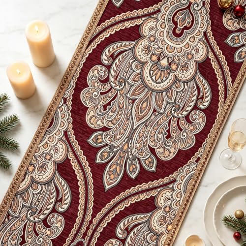Christmas Burgundy Paisley Jacquard Table Runner 14x63 Inch with Tassels
