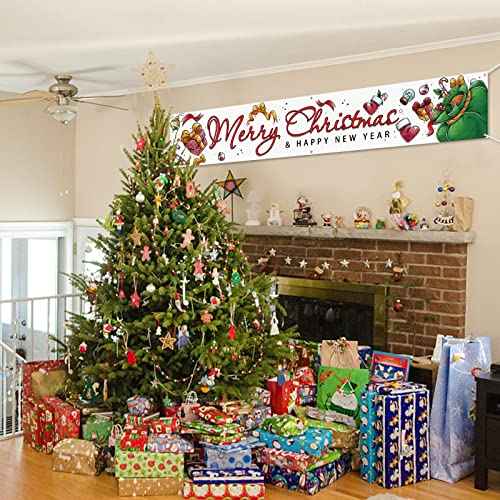Probsin Large Merry Christmas Banner 120" x 20" Xmas Outdoor Decorations Double Printed Happy New Year Yard Sign Holiday Party Supplies Backdrop Home Decor for Garden House Fence Garage Indoor Gifts