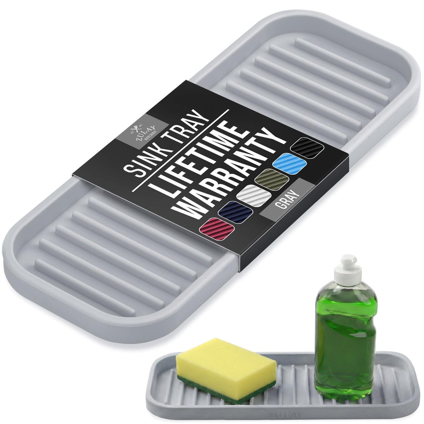 Zulay Kitchen (9x3.5in) Sponge Holder for Kitchen Sink - Flexible Heavy-Duty Multipurpose Sink Caddy - Counter Organizer for Kitchen, Bathroom, Makeup, Trinkets & More! (Grey)