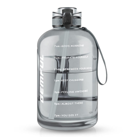GEMFUL 3 Liter Water Bottle with Straw Time Marker Large 101oz BPA-Free Leakproof Jug for Gym Sports Hiking Motivational Tracking for Men Women (Grey with Removable Straw)