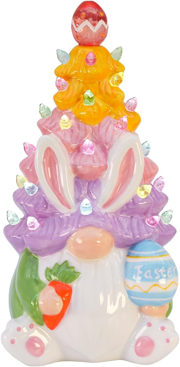 Timer Easter Decorations - Light Up Bunny & Gnome Ceramic Tree Decor for Spring Centerpieces