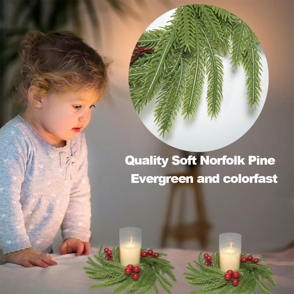 Regine Switzerland Christmas Candle Rings - 3Pcs Norfolk Pine & Red Berry Mini Wreaths | Festive Table Decor