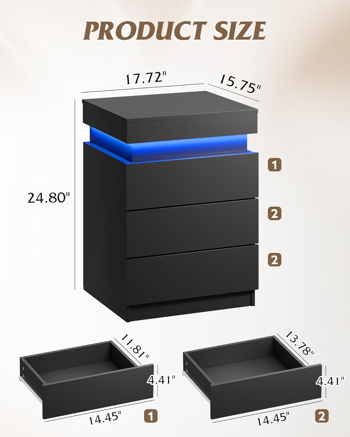 WLIVE Black Nightstand - Modern Bedside Table with Charging Station & LED Lights, 3 Drawers