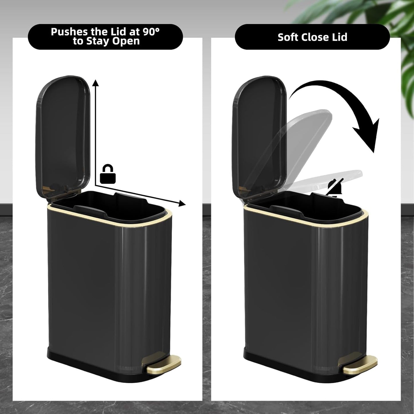 KSSKSS Slim Bathroom Trash Can - 2.6 Gallon Stainless Steel with Soft-Close Pedal | Titanium Black