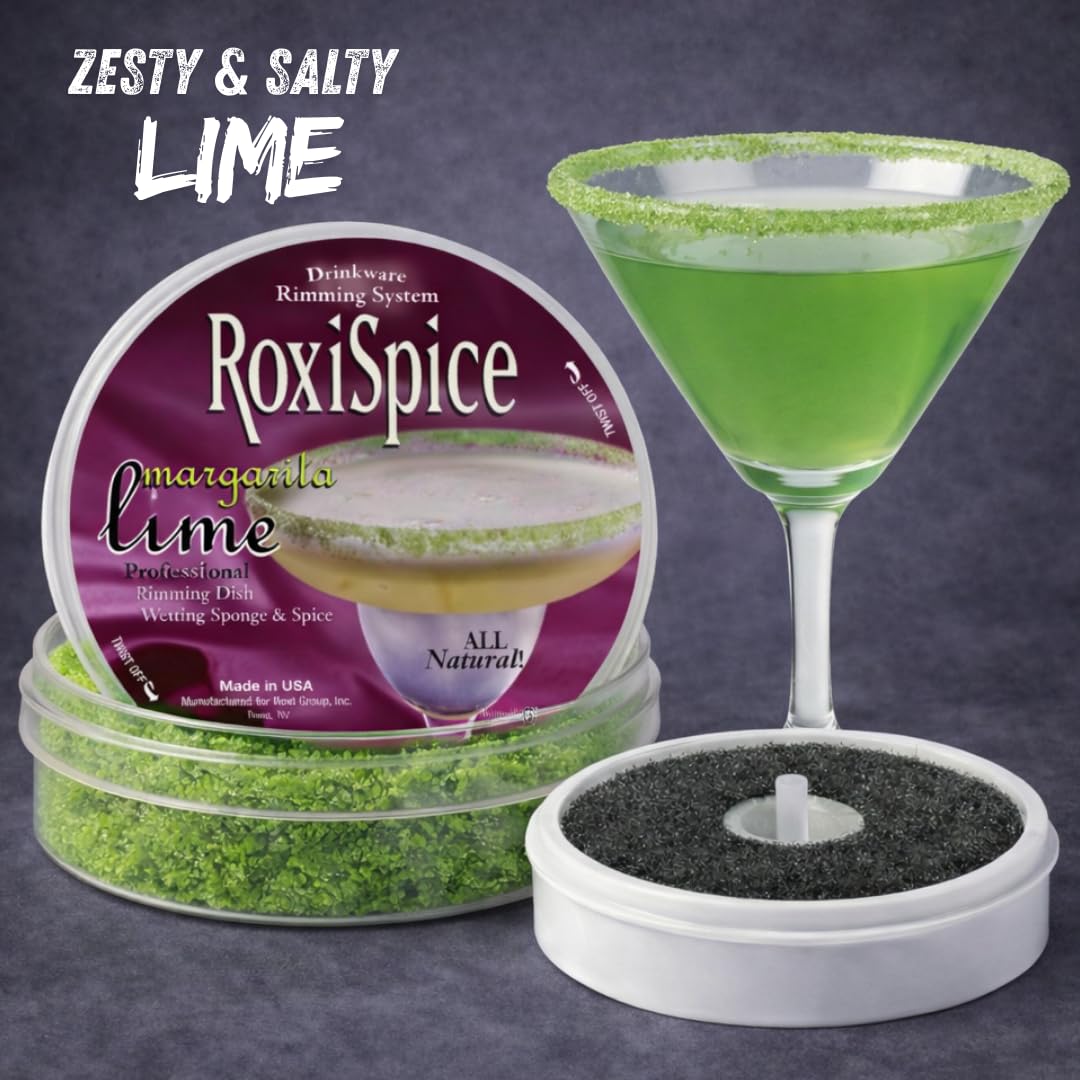 RoxiSpice Margarita Salt Rimmer Set (6 oz, Margarita Lime) Flavored Rimming Garnish for Cocktail Glasses, Complete System with Rim Dish and Wetting Sponge