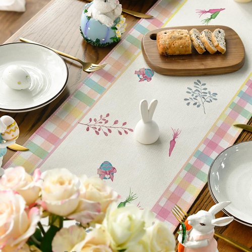 Artoid Mode Green Blue Pink Buffalo Plaid Bunny Happy Easter Table Runner, Spring Kitchen Dining Table Decoration for Home Party Decor 13x72 Inch