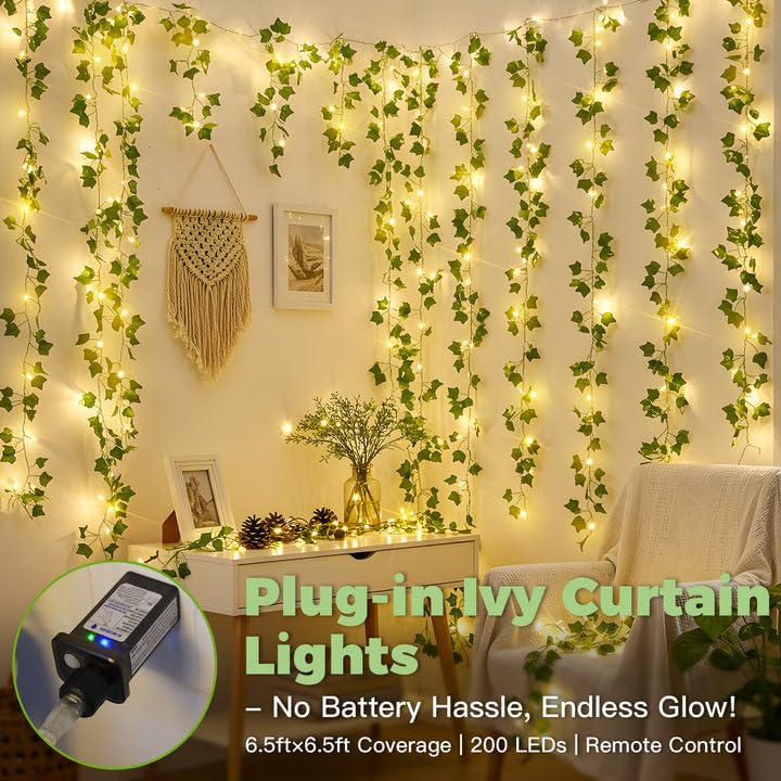 Vine Lights for Bedroom - 200 LED Ivy Curtain Lights Plug-In with Remote - Variation of Ivy / Plug In-200led