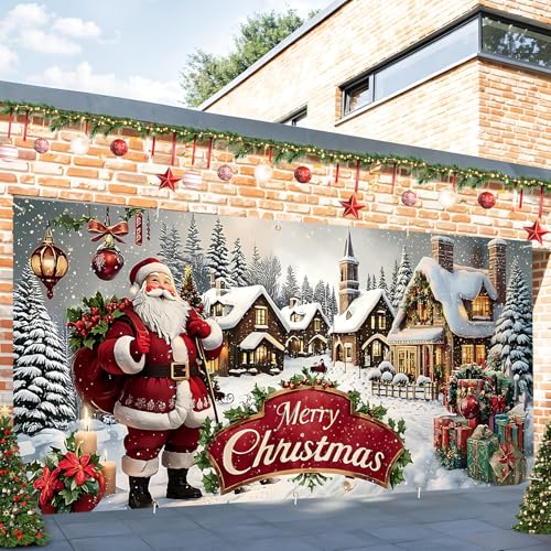THISFIND 16x7 Ft Santa Christmas Village Banner for Garage Door Display - Holiday Yard Decor