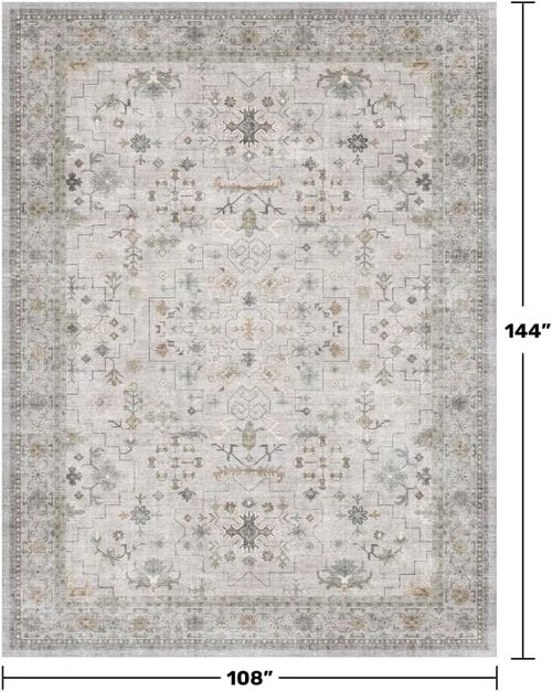 Hazo Haus Boho Light Grey Living Room Rug - Modern Vintage Floral Design | Extra Large 9x12, Washable Non-Slip