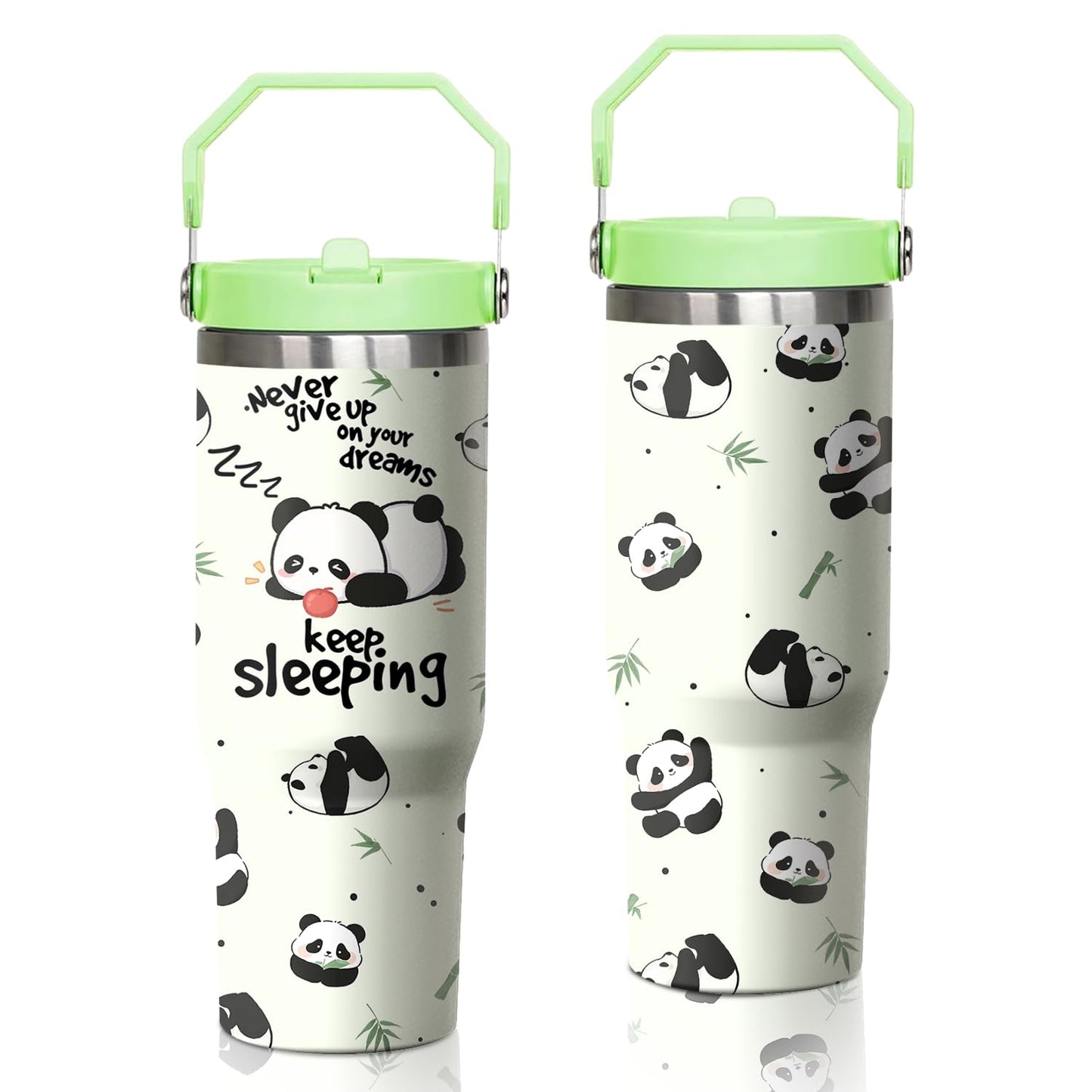 Xchearser Panda Tumbler with Handle and Flip Straw, 30oz Travel Coffee Mug Water Bottle with Lid, Stainless Steel Insulated Cup, Birthday Gifts for Women Animal Lovers