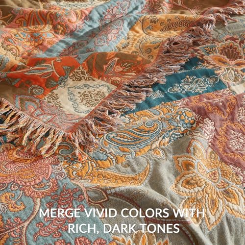 Boho Patchwork Throw Blanket - 100% Cotton Floral Woven Quilt Twin 60x80 - Bailix