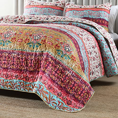 Mustard Floral Reversible Boho Twin Quilt Set with Pillow Sham - All Season Lightweight Bedspread