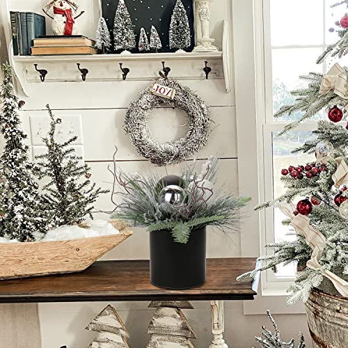 Briful 10 Inch Mini Artificial Christmas Tree with White Holly Pine Snowy Decor in Black Ceramic Pot