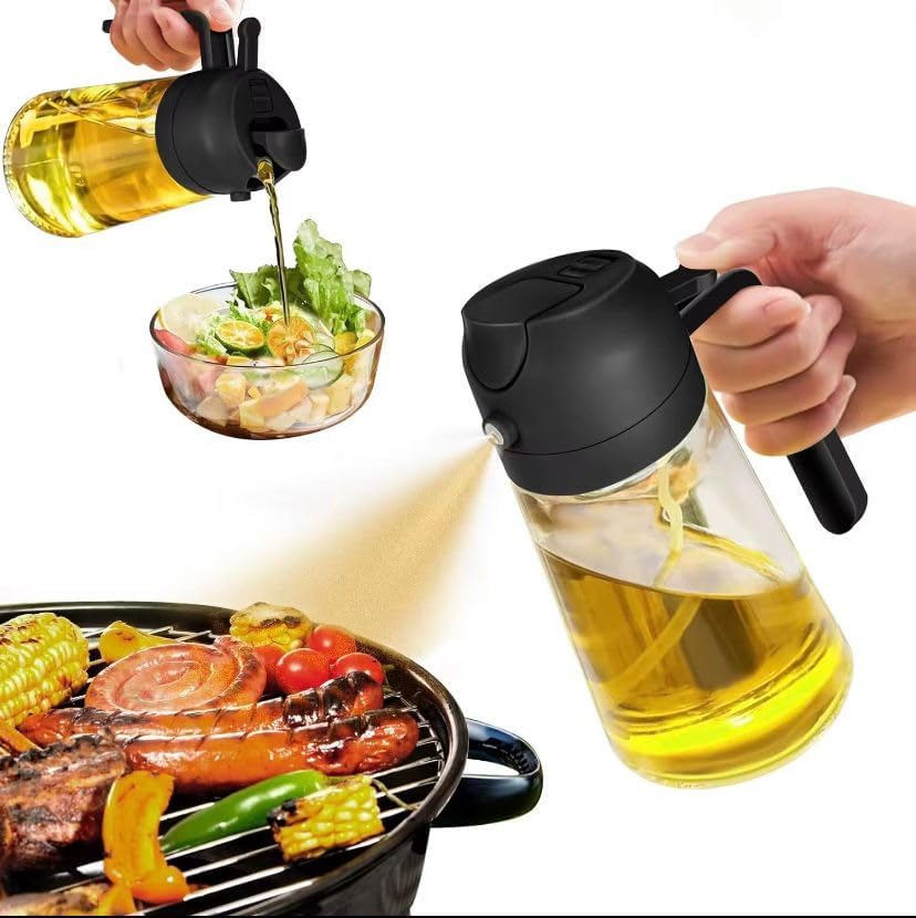 TrendPlain 16oz Glass Olive Oil Sprayer - 2-in-1 Dispenser for Cooking, BBQ & Salad - Black