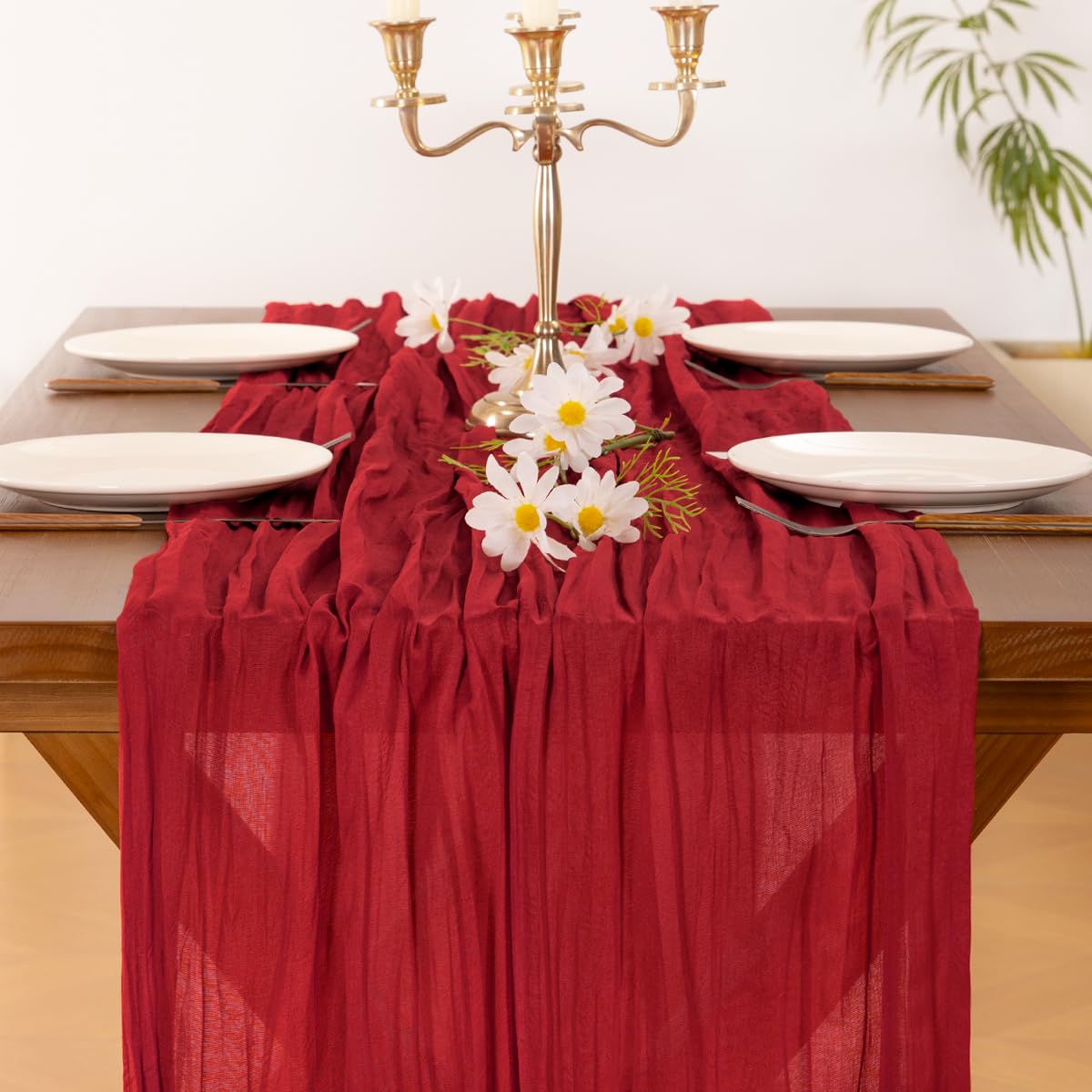 Socomi 6pcs Red Cheesecloth Table Runner Boho Rustic Gauze 120 inch 10FT Cheese Cloth Sheer Runner for Wedding Party Baby Shower Birthday Home Decor Holiday Decorations