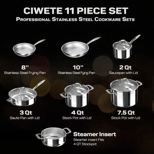Ciwete 11-Piece Tri-Ply Stainless Steel Pots and Pans Set, 18/10 Stainless Steel Cookware Set with Steamer Insert, Induction Kitchen Cookware Sets with Cool Ergonomic Handles, Dishwasher, Oven Safe