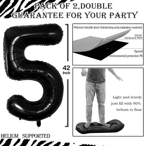 GOER Black Foil Number 5 Balloons - Giant 42 Inch & 32 Inch Birthday Party Decorations (3 Pcs)