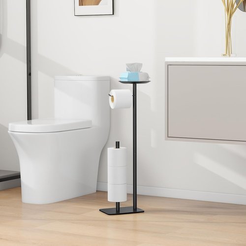 Feilern Toilet Paper Holder Stand - Floor-Standing Dispenser with Top Storage Shelf - Black
