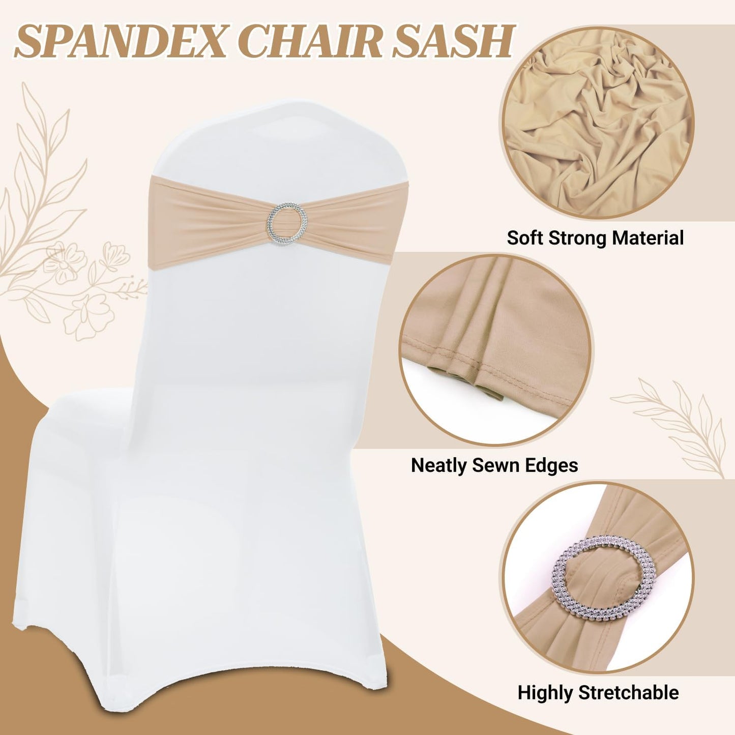 MDS Spandex Chair Sashes - Premium Stretch Covers with Buckle Slider | 50-Pack in Champagne Gold