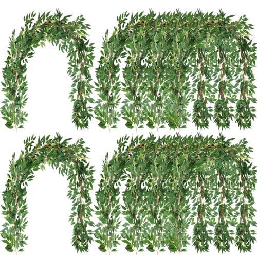 Artificial Willow Leaves Garland 24 Pack - Greenery Vines for Wedding & Home Decor, 135 Ft, Variation of Green / 24