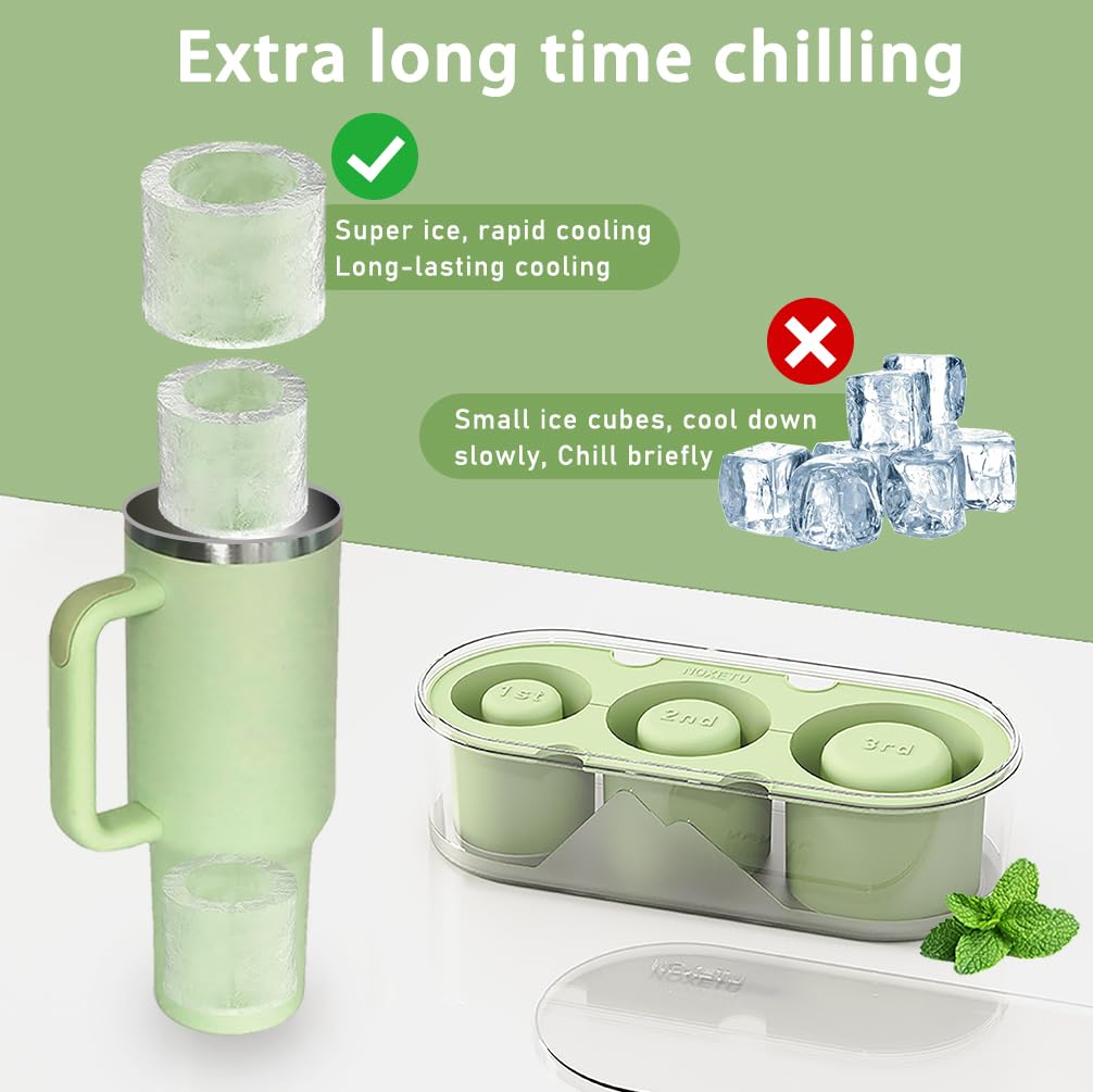 NOXETU Ice Mold for Stanley Cup 30/40 Oz - Easy Fill and Release Without Touching Ice, Silicone Ice Cube Tray with Clear Lid and Bin for Freezer, Whiskey, Cocktail (Green)