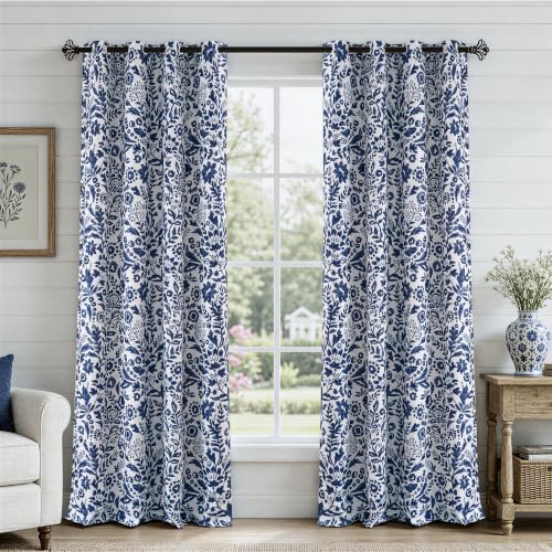 Navy Grommet Blackout Curtains 2 Panels - 52x84 Inches, Modern Floral Design
