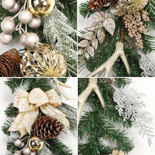 Takywep 6ft Champagne Gold Christmas Garland with Lights, Faux Pine, Decor Balls & Bows
