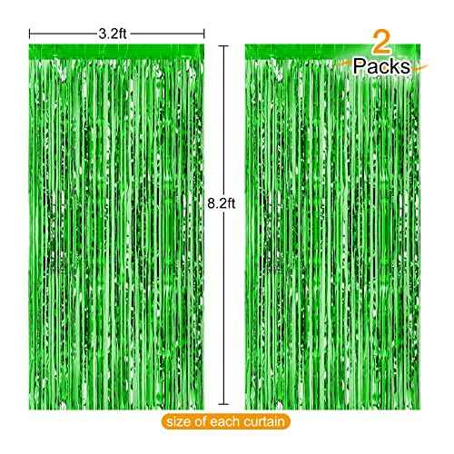 CHRORINE 2pcs 3ft x 8.3ft Green Tinsel Foil Fringe Curtains Streamers Backdrop for Green Birthday Jungle Safari Tropical Party Christmas Decorations
